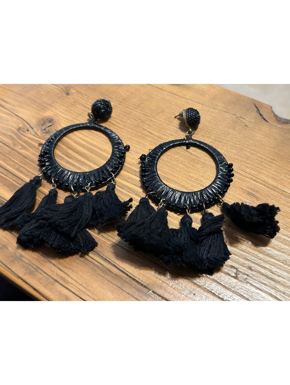 Black Bohemian Tassel Hoop Earrings with Fringe Detail